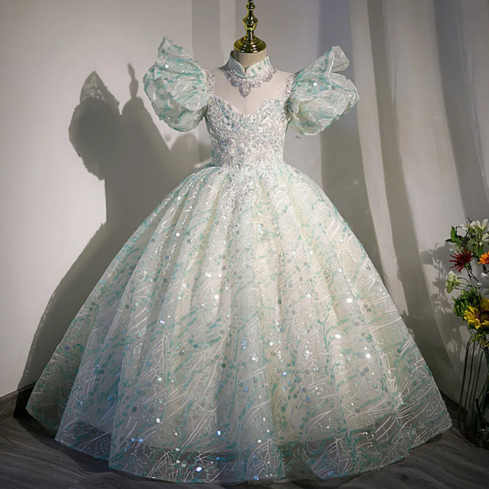 

Fashion Kids Girls Princess Dress Sequined Shiny Puff Sleeve Dresses Flower Girls Ball Gown for Birthday Party Children Costume