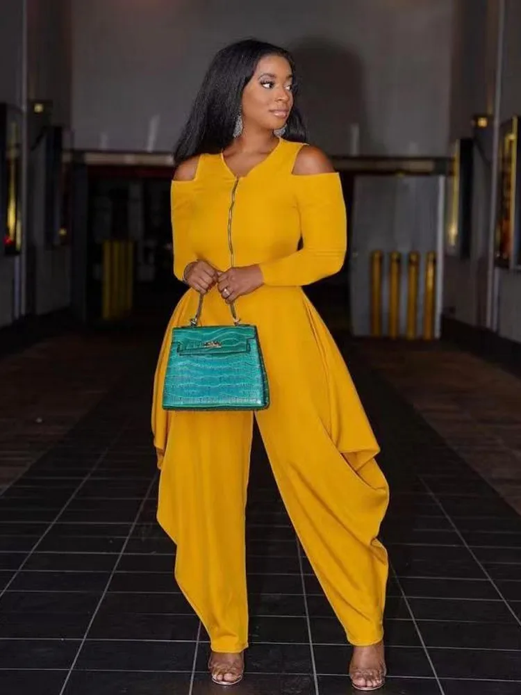

Fashion Solid Two Piece Sets For Ladies Off The Shoulder Zip Up Crop Top+Tummy Control Wide Leg Pants With Pockets Matching Sets