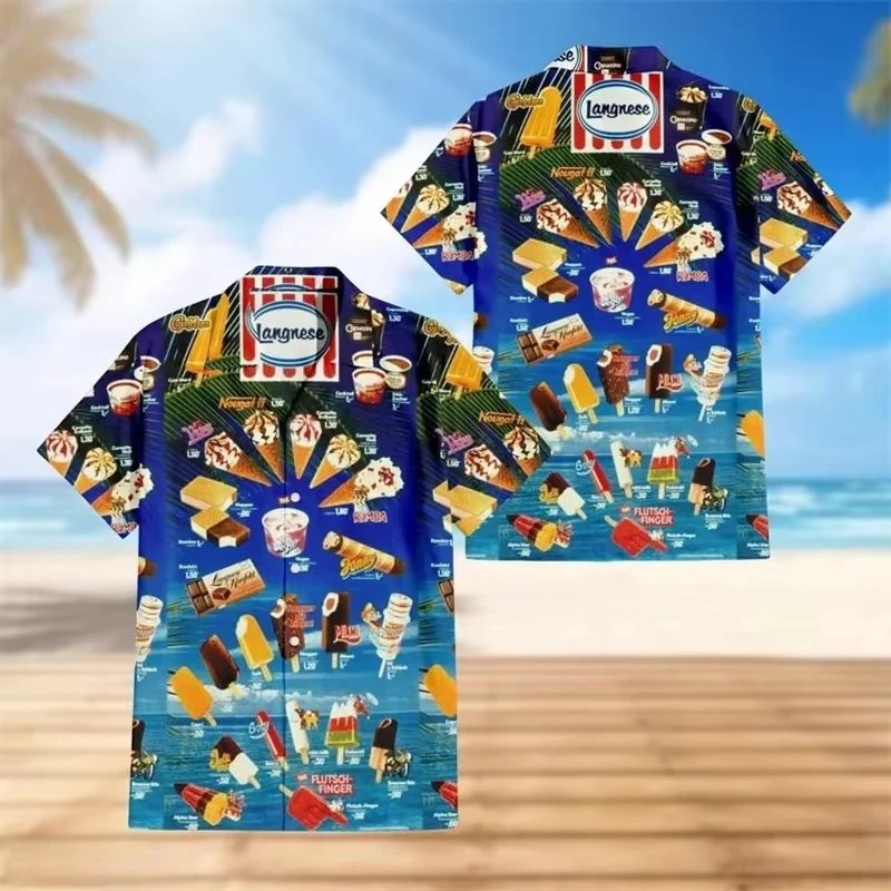 Summer Funny Ice Cream Graphic Party Shirts For Men 3D Hawaiian Cold Popsicle Print Beach Shirt Casual Vacation Ice cream Blouse 3