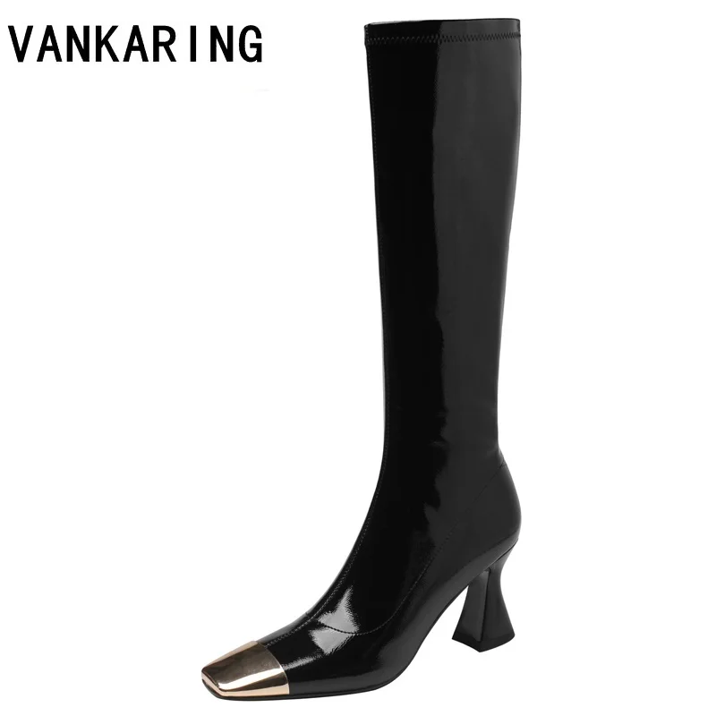 

slike high heel autumn winter boots for women European pop faux leather sexy lady square toe zipper riding boots equestrian boot
