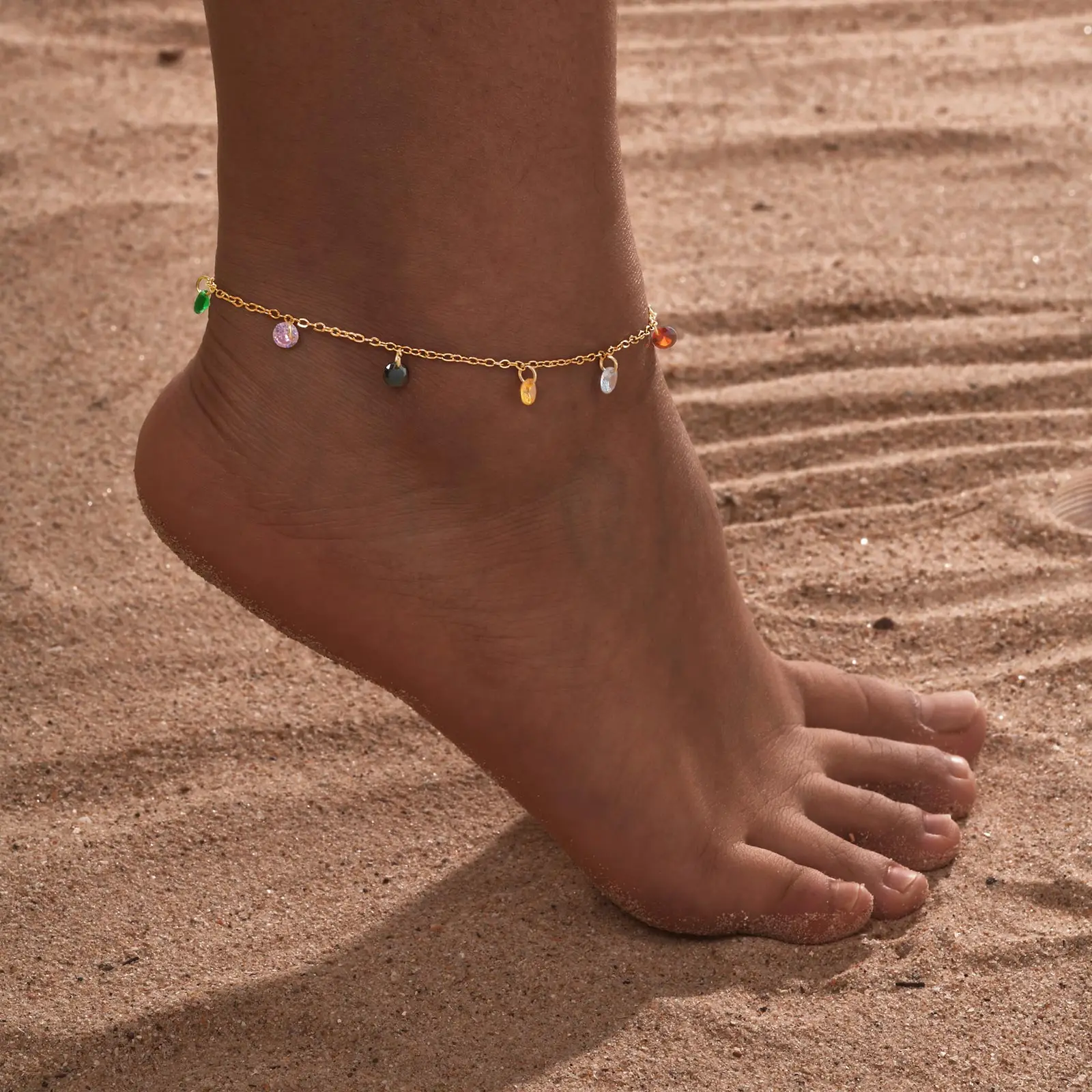 Boho Colorful Zircon Charm Anklet Stainless Steel Gold Plated - Main Image