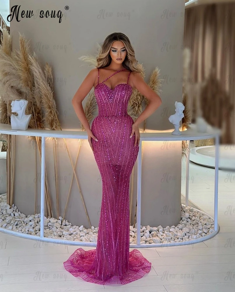 

Halter Spaghetti Straps Fuchsia Party Dress With Full Beaded Sequins Custom Made Luxury 2023 Long Mermaid Celebrity Dresses