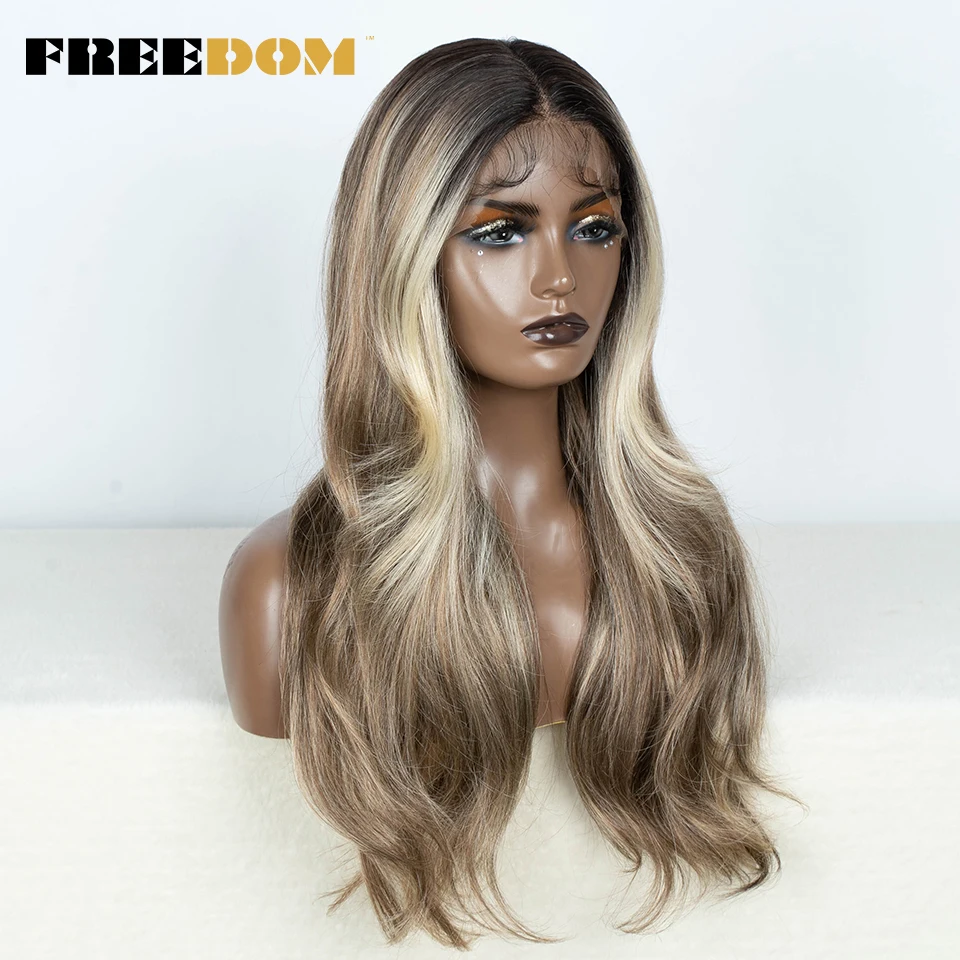 Parrucche anteriori in pizzo sintetico FREEDOM per le donne parrucca in pizzo dritto con i capelli del bambino 24 pollici Ombre Brown Highlight parrucche parrucca Cosplay