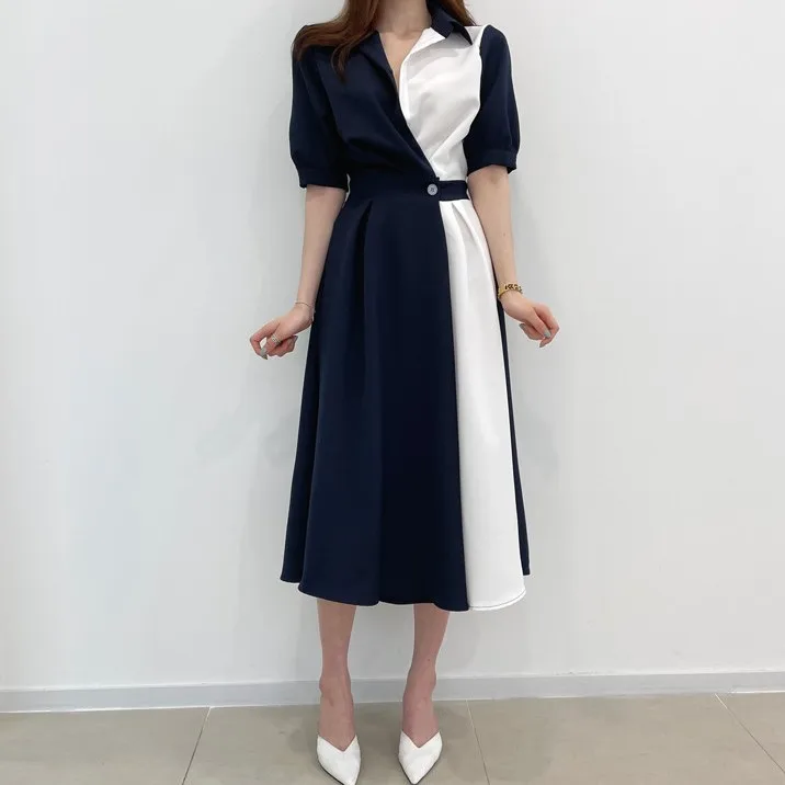 

Summer New Style Waist Collection Temperament French Patchwork Dress Women's Fashion Design Sense Dress