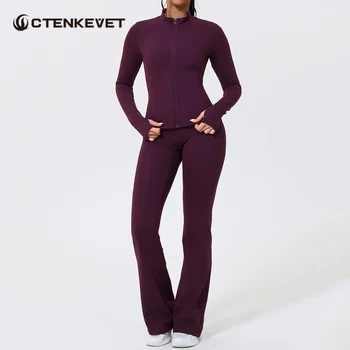 Fall/Winter Women Long Sleeve Sports Jacket Pocket Gym Suit Outdoor Sportswear Yoga Workout Outfit Female Two-Piece Fitness Set