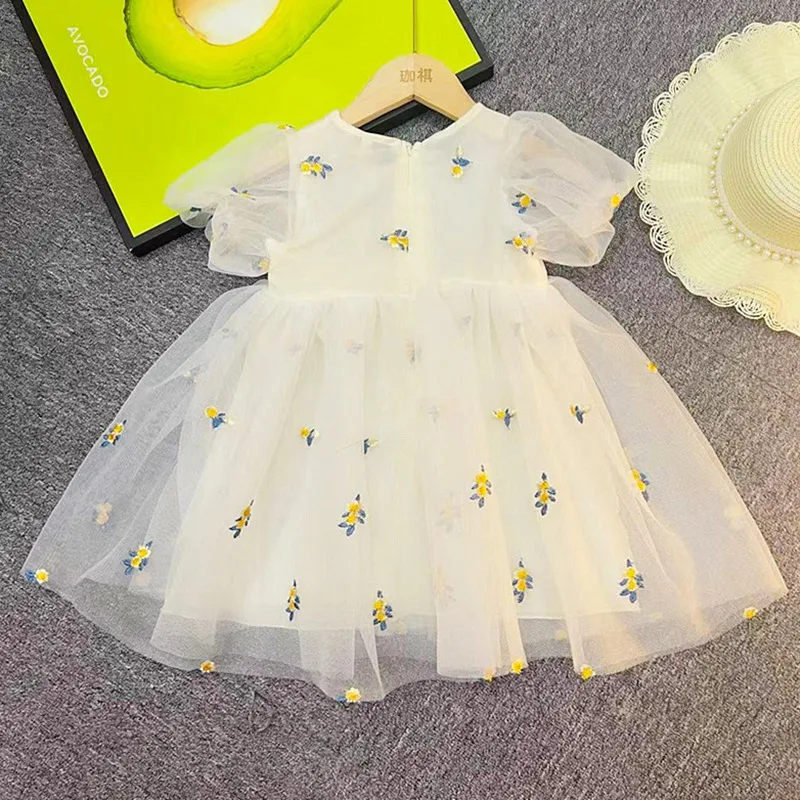 Summer Girls Flower Mesh Princess Dress Kids Cute Puff Short Sleeve Dresses For Girls Korean Clothing Children Dress For 1-6t