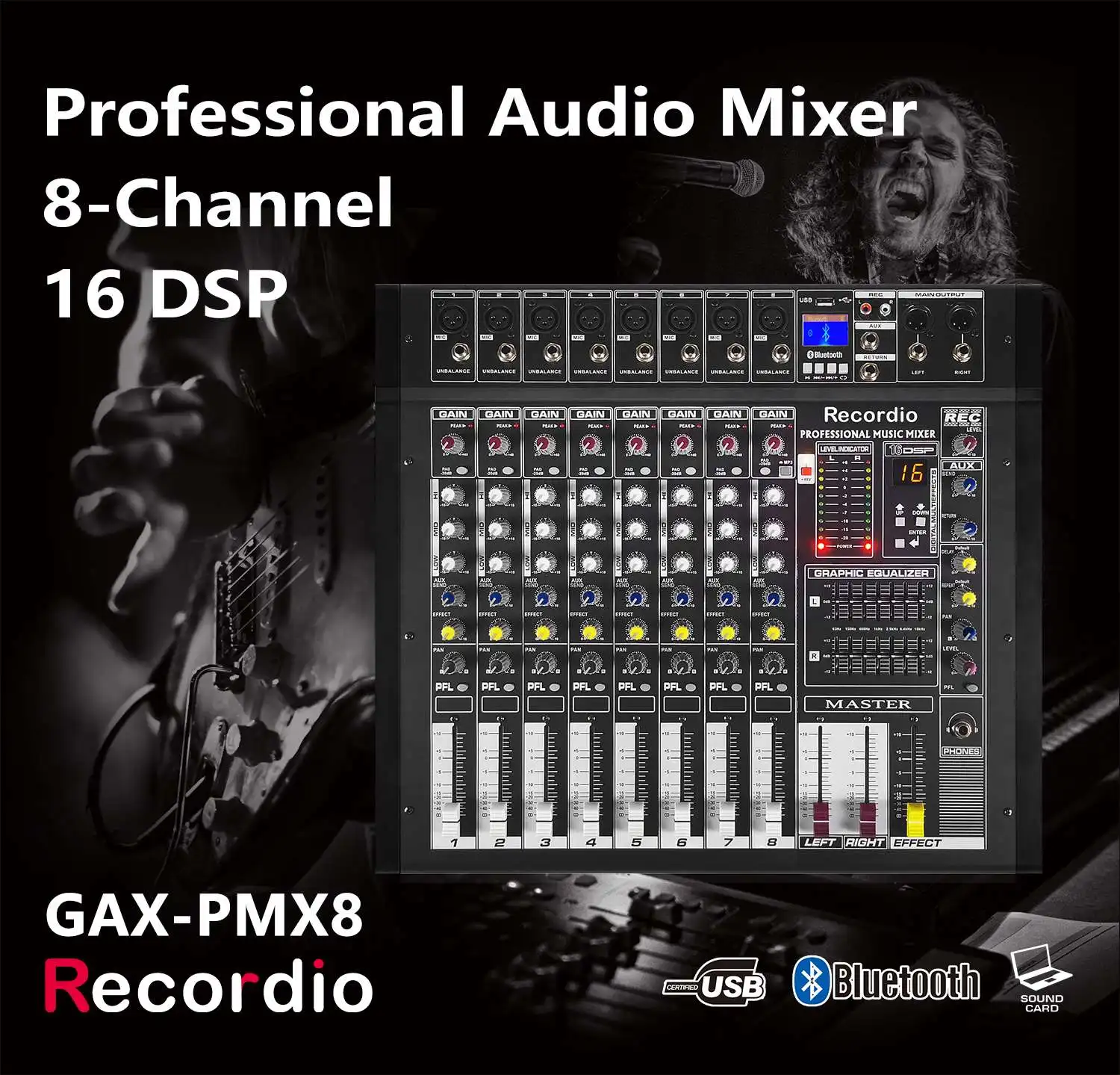 GAX-PMX8 Professional 500W Audio Mixer +48V Phantom Power 16DSP Effects Blueteeth USB Computer Play Recording Power Mixer