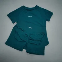 DFDK Ensemble de survêtement athlétique sans couture 2 pièces, haut à manches courtes très extensible, short de course, tenue de sport pour femme, gym, yoga, entraînement 3