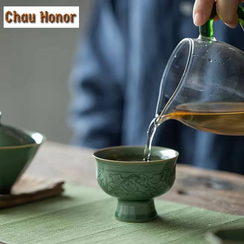 75ml Retro Yue Kiln Celadon High Foot Tea Cup Ceramic Hand Relief Cup Household Large Personal Master Cup Kung Fu Tea Drinkware