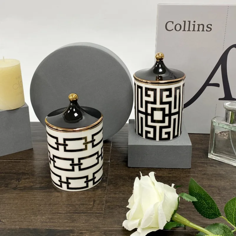 Geometric Scented Candle Jar Art Labyrinth Stripe Ceramic Storage Jar Biscuit Candy Storage Bottle Home Decor