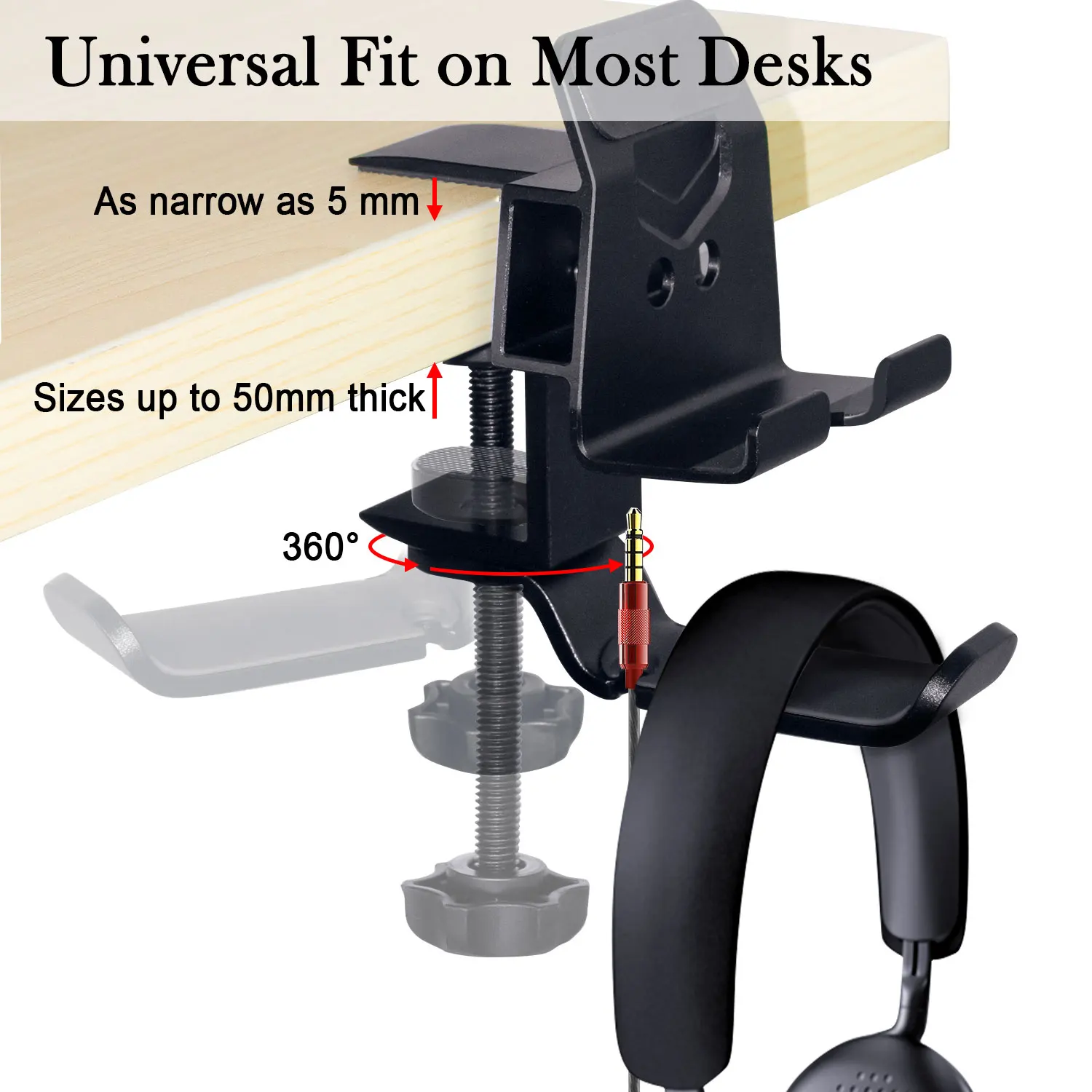 3-in-1 Under Desk Gaming Headset & Controller Holder – Adjustable Clamp Mount With 2 Hooks & Cable Management
