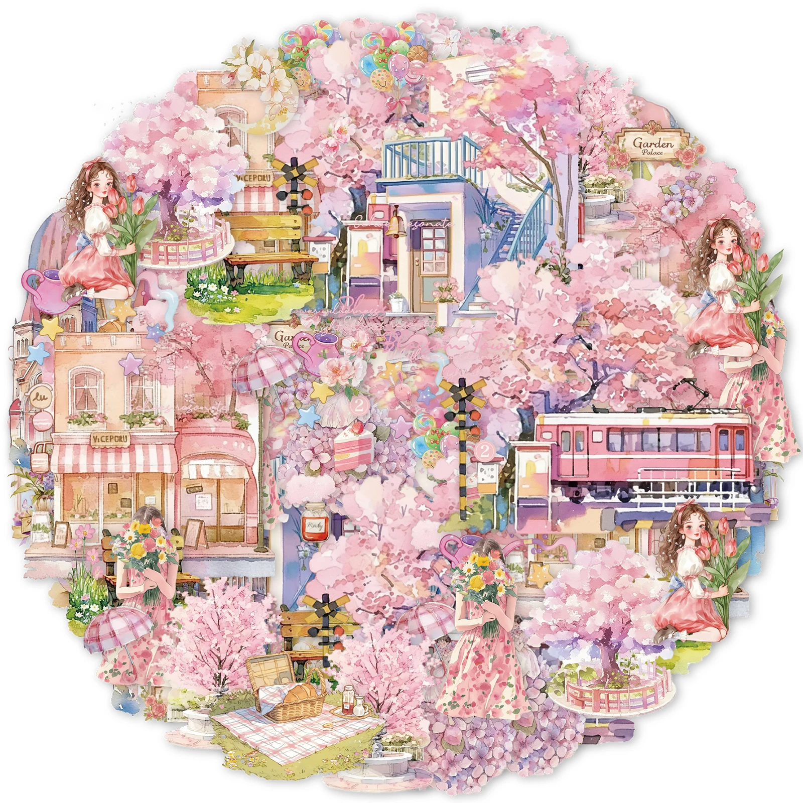 1pcs First Love Cherry Blossom Character PET Tape Sticker Aesthetic for Laptop Luggage Stickers Scrapbooking Rooms Decoration