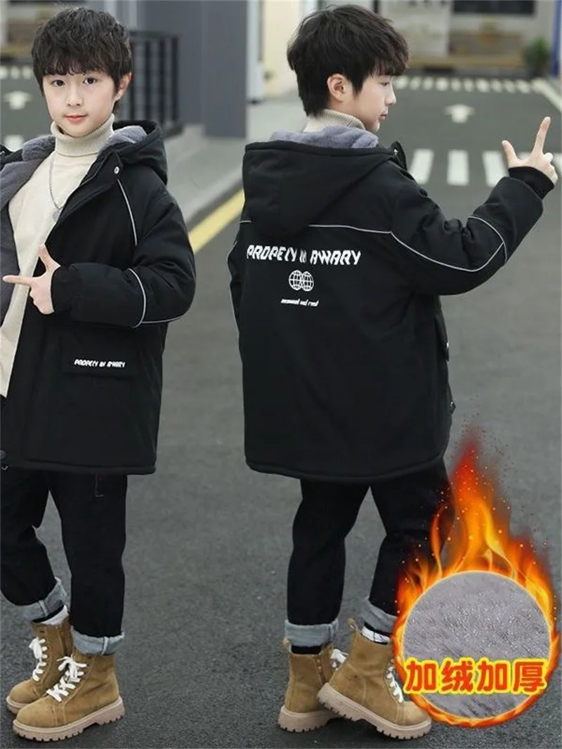 -30℃ Boys Plus Velvet Outerwear Kids Winter Thicken Warm Overcoat Children Casual Print Jacket New Teenager Clothing