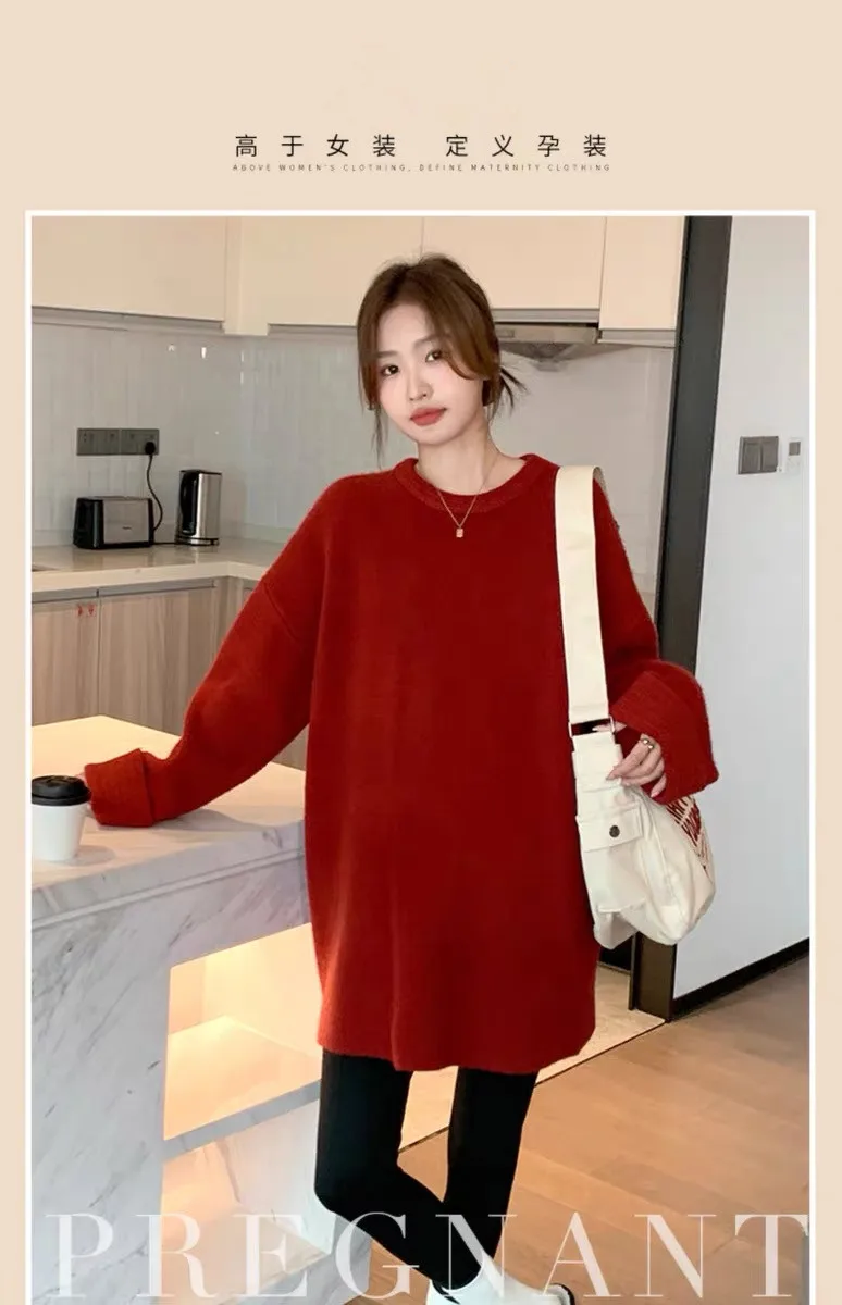 8195# Autumn Winter Oversize Knitted Maternity Sweaters Thick Warm Shirts Clothes for Pregnant Women Pregnancy Tops