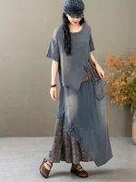 AmaxluluE Summer Suits Women Chinese 2 Pieces Sets Casual Loose Printed Denim Outfits Fashion Vintage Tops Big Size Floral Skirt - Image 3