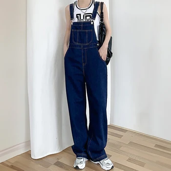 Y2k Retro Dark Blue Overalls Jeans for Women’s Korean Fashion Denim Romper Jumpsuit Summer Loose Size High Street Baggy Trousers