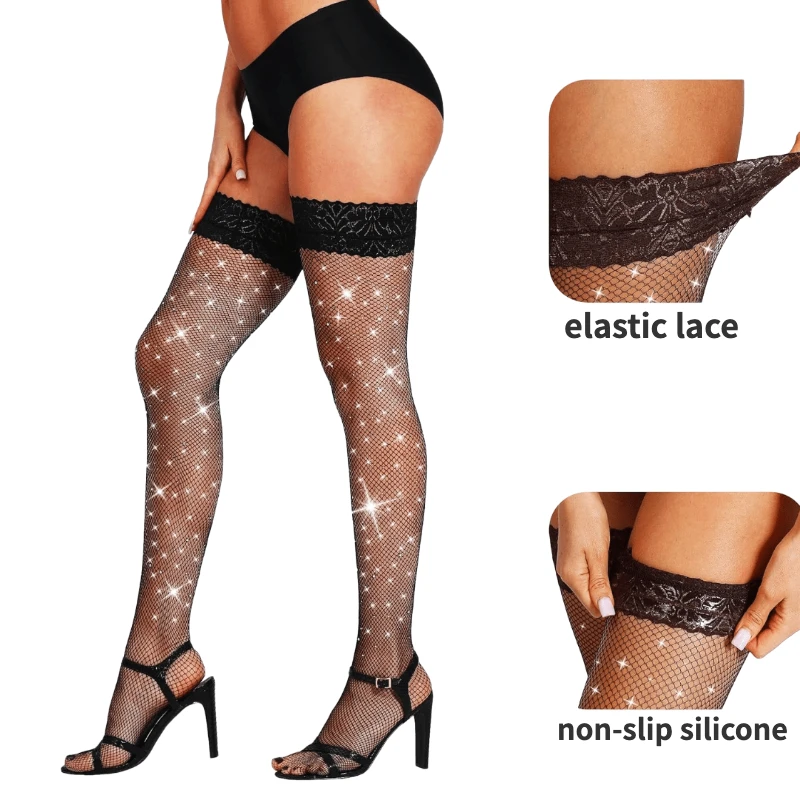 

Women Bling Stockings with Non-Slip Silicone Lace Stay up Hosiery Sparkly Rhinestone Stocking Women's Fishnet Thigh High Socks