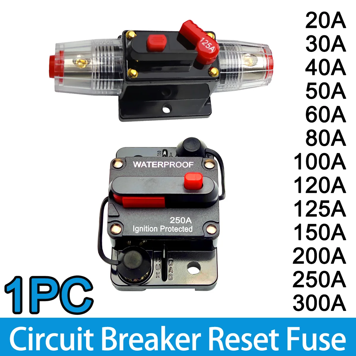 1PC Circuit Breaker Manual Reset Waterproof Circuit Breaker For Car Audio System 20a To 300a Car Fuse Switch Circuit Breaker