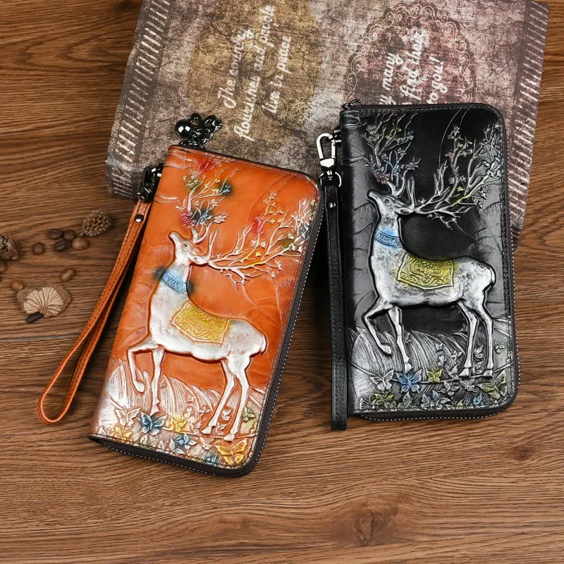 Vintage Long Genuine Leather Wallet for Women with Multiple Card Slots