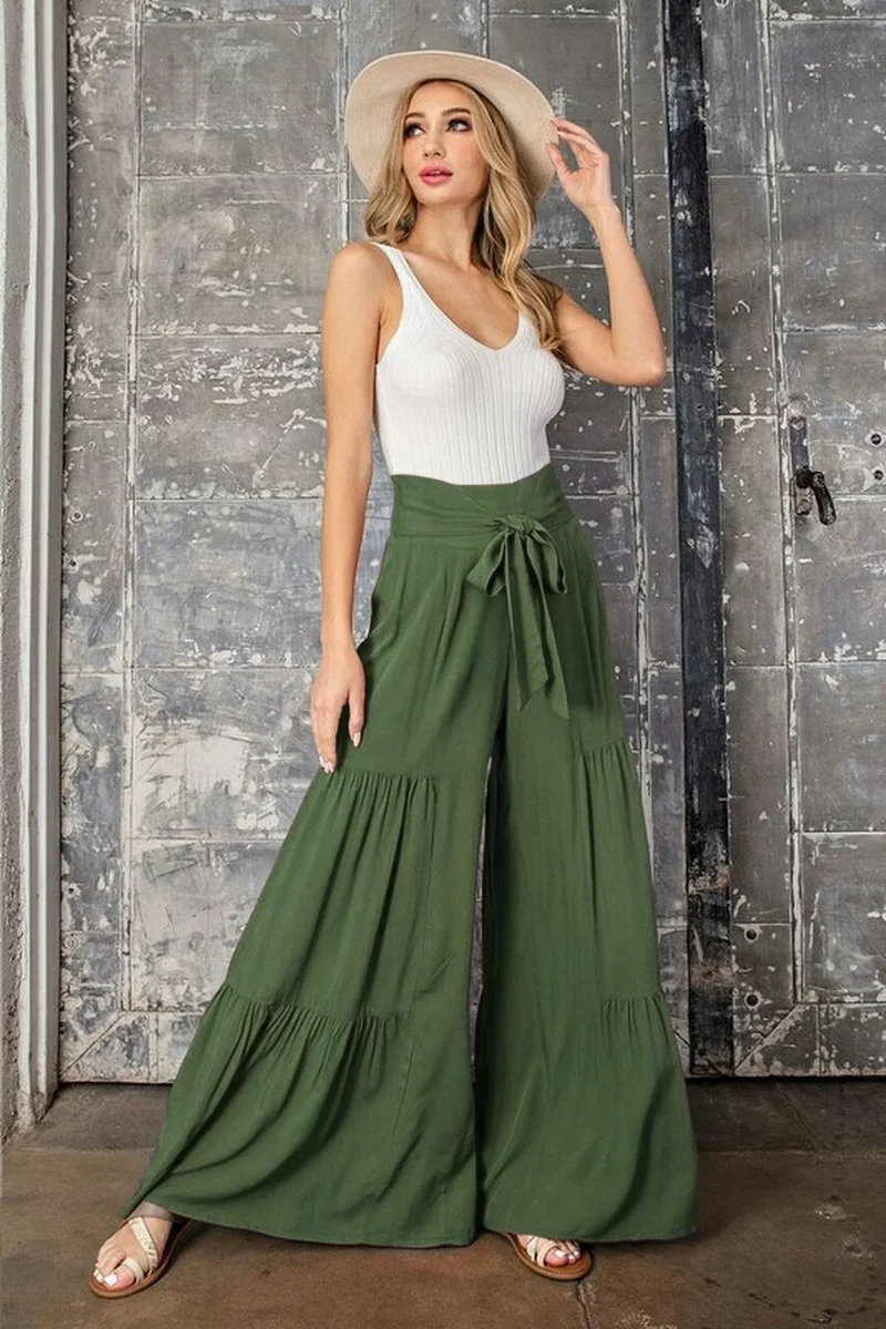 

Beach Style Ruffle Baggy Trousers Women Elastic Waist Bandage Wide Leg Pant Elegant Ladies Solid Casual Loose Pleated Sweatpants