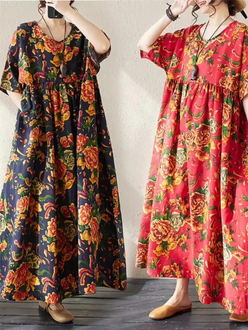 

Женское свободное платье в стиле ретро, повседневное длинное платье оверсайз с принтом и коротким рукавом, лето, K597