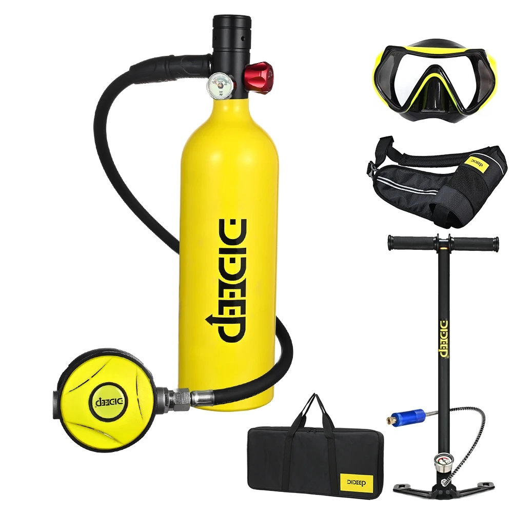 

DIDEEP 1L Scuba Diving Cylinder Mini Oxygen Tank Set Respirator Air Tank Hand Pump for Snorkeling Breath Diving Equipment