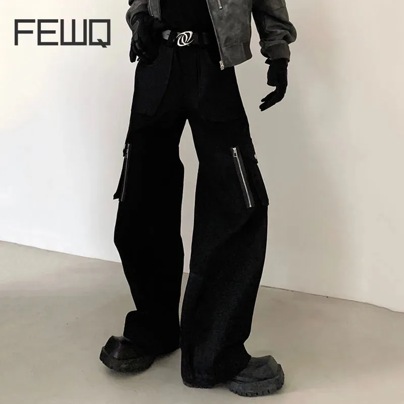 

FEWQ Men's Niche High Street Vibe American Large Pockets High Waist Straight Tube Casual Pants 2023 Solid Color Cargo Trousers