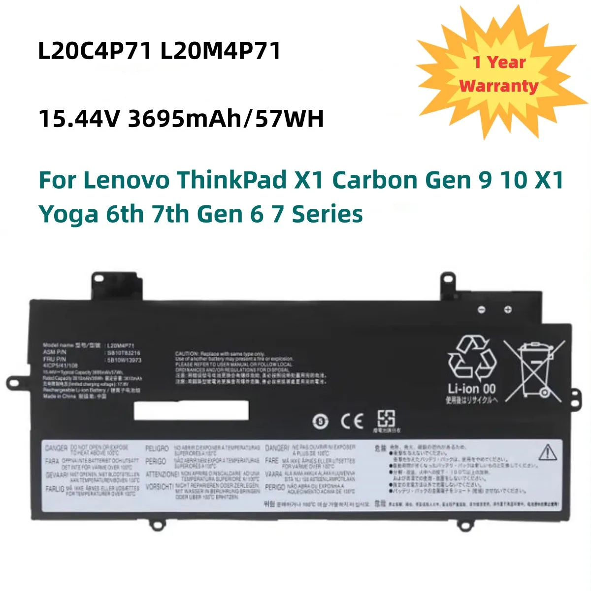 

L20C4P71 Laptop Battery For Lenovo ThinkPad X1 Carbon Gen 9 10 X1 Yoga 6th 7th Gen 6 7 Series L20D4P71 L20M4P71 15.44V 57WH