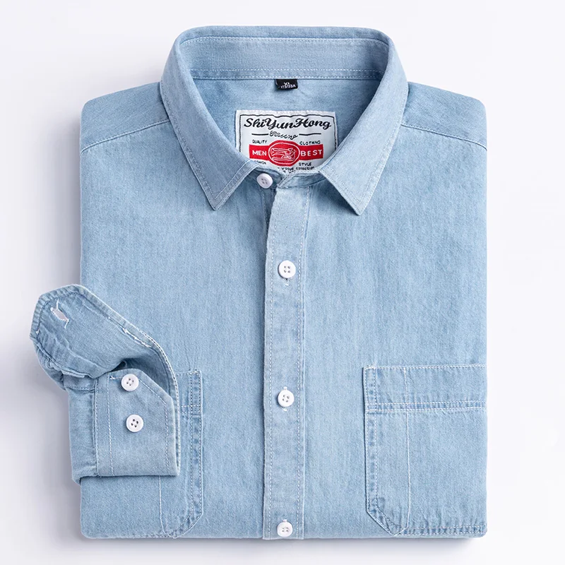 Dress Shirts Denim Pocket Design Shirt Classic Cotton Long-Sleeve Fashion Embroider Comfortable Clothes