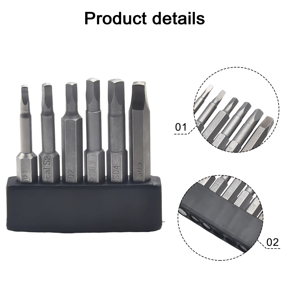 

6Pcs SQ1-SQ5 Magnetic Screwdriver Bits 50mm Square Head Hex Shank Alloy Steel For Manual Electric Screwdriver Drill Tools