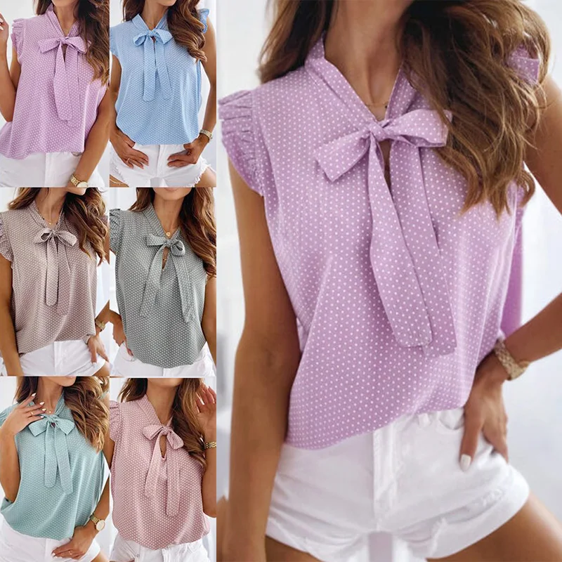 

Women Blouses Sleeveless Polka Pot Shirt Summer Bow Lace Up Polka Dot Female Tops Ruffle Casual Pullover Fashion