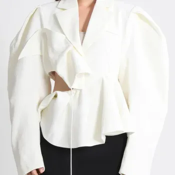 TWOTWINSTYLE Solid Streetwear Cut Out Blazers For Women Notched Collar Long Sleeve Casual Irregular Blazer Female Fashion Style