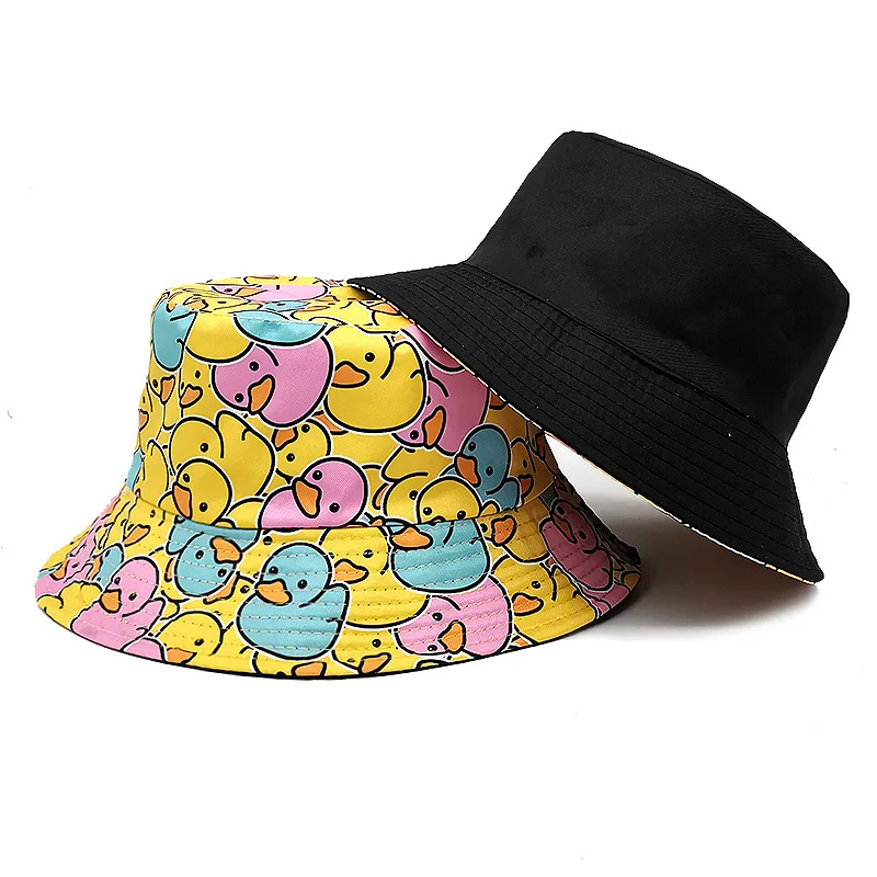 남성용 양면 노란색 오리 버킷 모자, 여름 태양 모자, 코튼 밥 파나마 걸스, 해변 여행, 야외 어부 모자