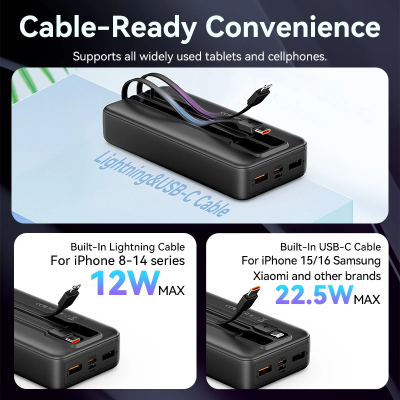 Vention 3C Certified 20000mAh 22.5w Power Bank כבל USB-C Lightning מובנה מטען מהיר נייד סוללה חילוף CCC Powerbank