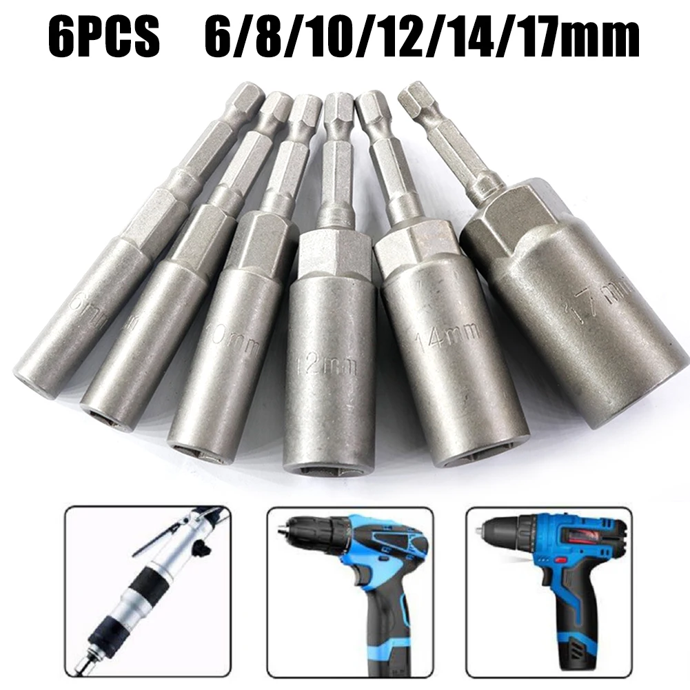 6pcs 80mm Length 1/4in Hex Drive Sockets Impact Nut Bolt Drill Bits 6/8/10/12/14/17mm For