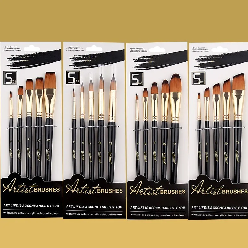 5Pcs Artist Paint Brush Set High Quality Nylon Hair Wood Black Watercolor Brush for Gouache Acrylic Oil Painting Art Supplies 6 pcs wood rod combination multi function paint brush pen set white nylon hair watercolor acrylic painting brush art tools