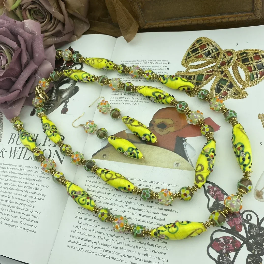 

Europe and the United States Middle Vintage Flower Coloured Yellow Long Short Women's Necklace Earrings Jewelry