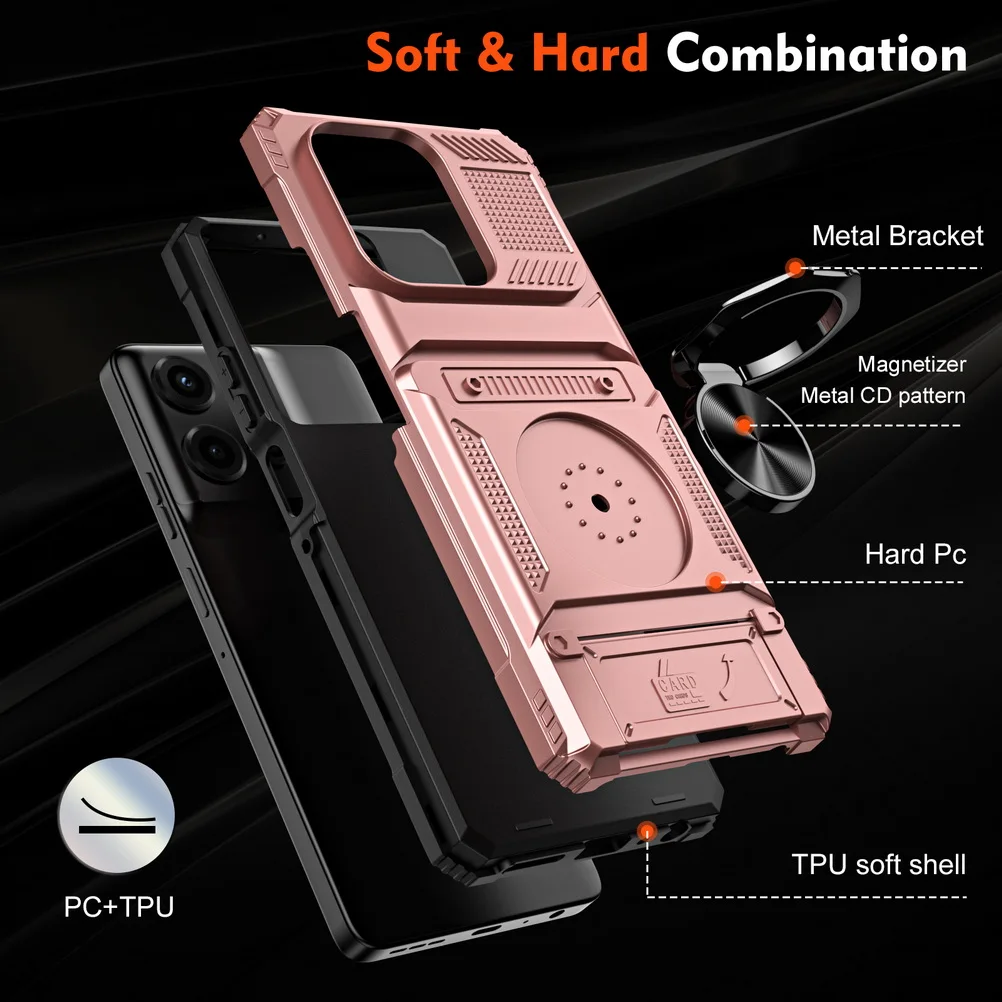Dual Card Slot Pocket Armor Metal Bracket Magnetic Stand Case Cover