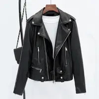 Women Jacket Faux Leather Turn-down Collar Zip-up Zipper jackets Long Sleeves Motorcycle Jacket Coat Travel Motor Outerwear