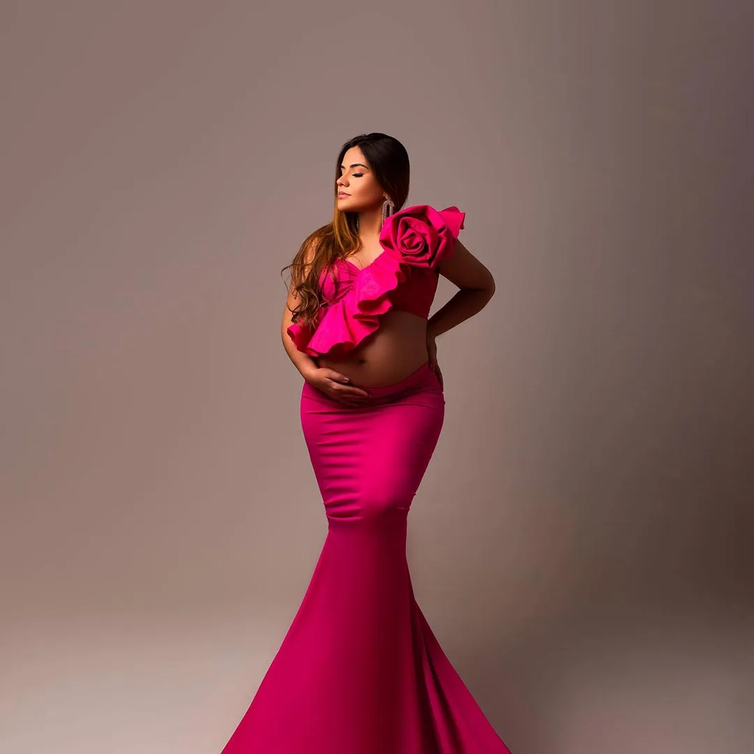 

Розово-красное платье на одно плечо с цветочным рисунком, комплект из двух предметов для беременных женщин, юбка-годе, платье для будущей мамы, фото