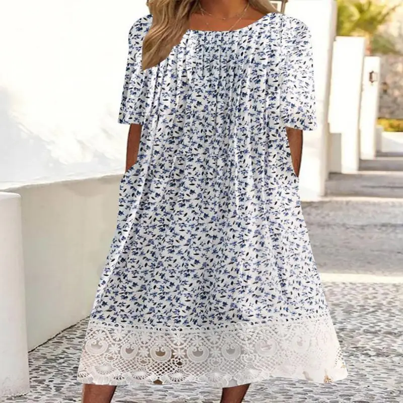 

Plus Size Women's Half Sleeve Scoop Neck Floral Printed Lace Pockets Midi Dress