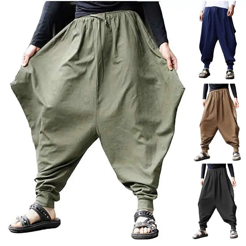 

2024 New Cotton Linen Harem Pants Men Baggy Japanese Style Joggers Mens Hip hop Crotch Wide Leg Pants Casual Loose Trousers 5XL
