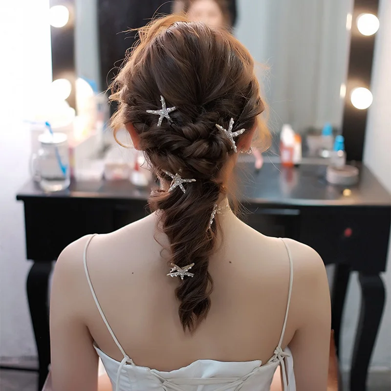 Korea Frauen Seite Clip Haars pangen Haarschmuck Seestern Strass Perlen Haars pange Set Gold Stern Haarschmuck – Detail 1