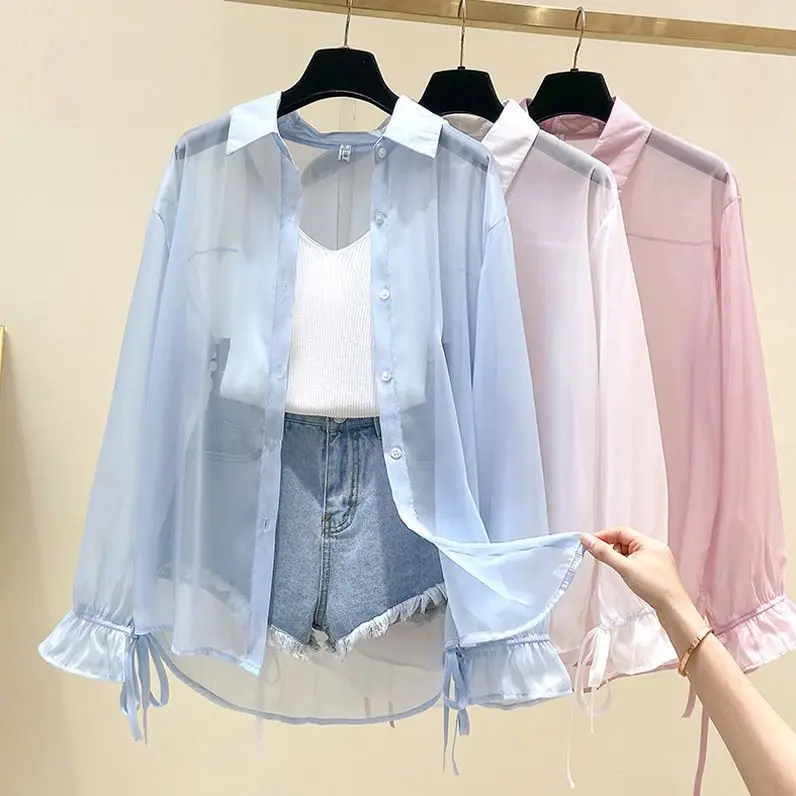 

Long Sleeve Fashion Woman Blouse 2023 Cardigan Sun Protection Mid Length Women's White Shirt Women Shirts Korean Y2k Style Japan