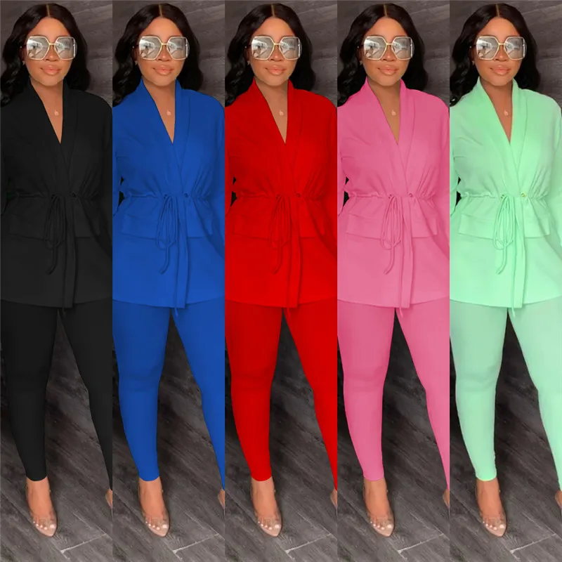 Elegant Office Lady 2 Piece Set Women Suit Drawstring pleat Blazer and Pencil Pant Sets Business Work Wear Formal Matching Sets