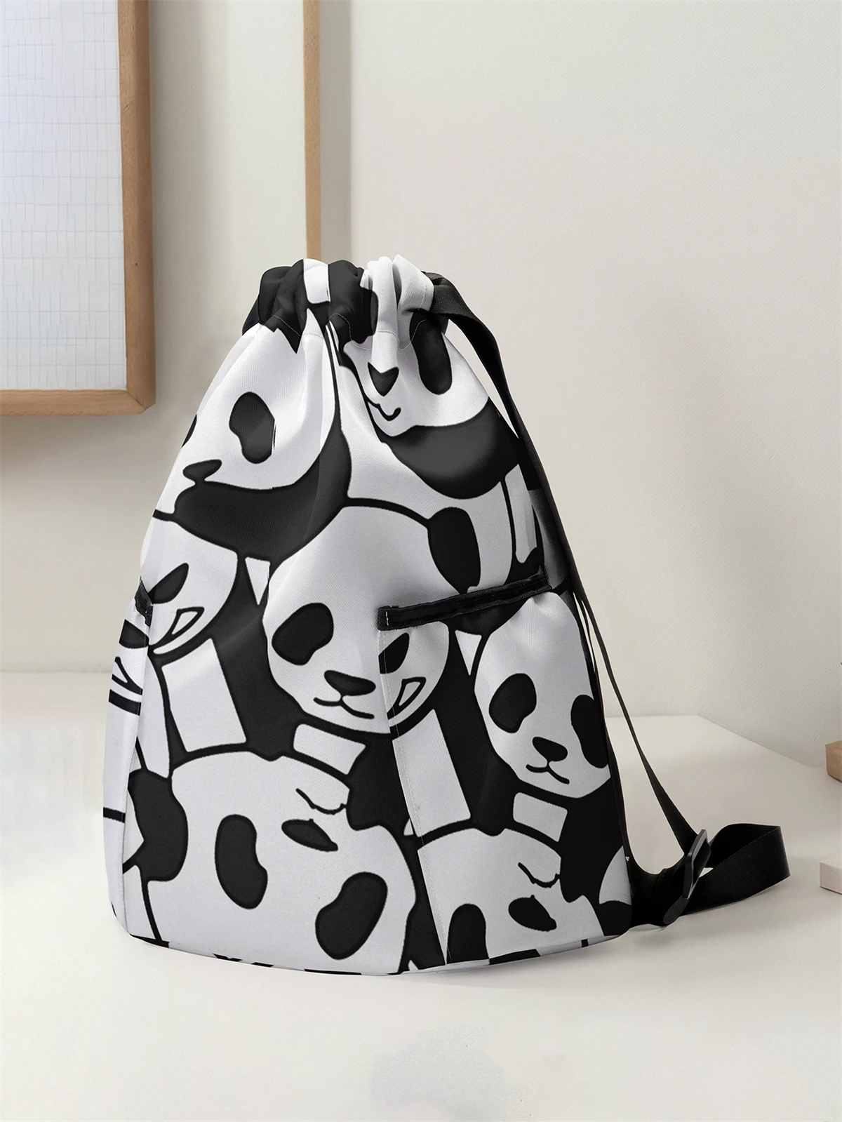 Panda Pattern Drawstring Backpack - Large Capacity Durable Fitness Bag, Adjustable Shoulder Strap, Sports Beach Backpack