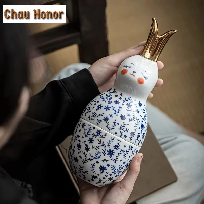 Creative French Flower Ceramic Tea Caddy with Tea Scoop Golden Rabbit Leaf Canister Tea Box Organizer Jar Ornaments Decoration