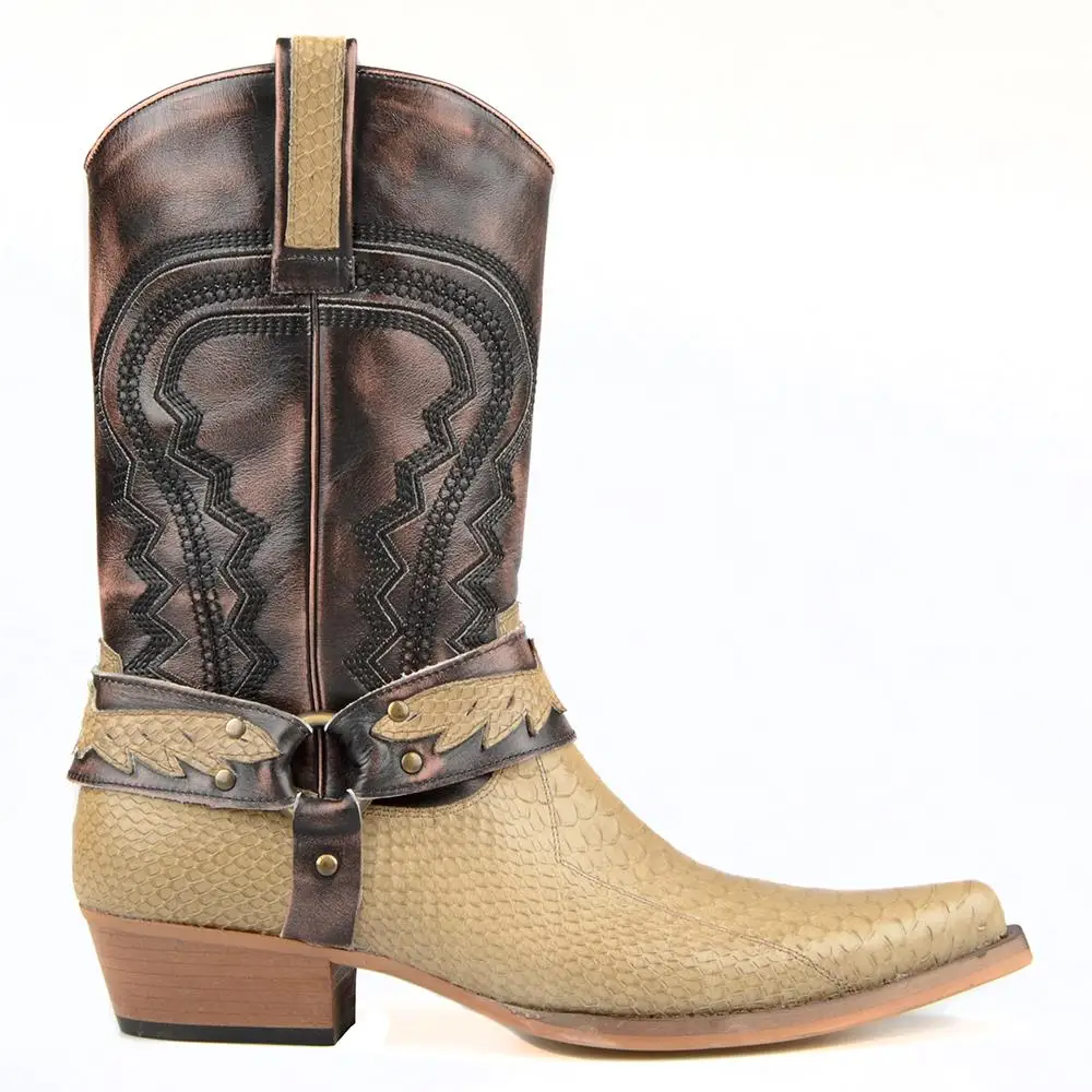 FootCourt botas vaqueras con estampado de serpiente para hombre, zapatos de  piel auténtica verde oliva, multicolor, hebilla de cuero, media  pantorrilla, punta estrecha| | - AliExpress