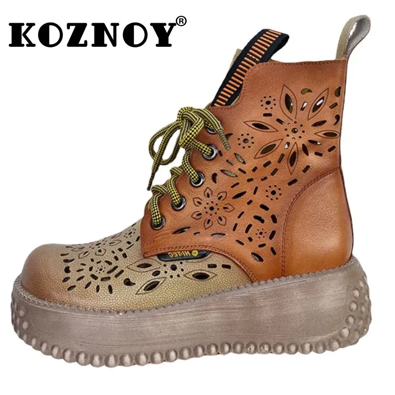 

Koznoy Women Boots Trend 2023 Ethnic 6cm Genuine Leather Print Ankle Summer Lady Moccasin Luxury Hollow Breathable Ladies Shoes