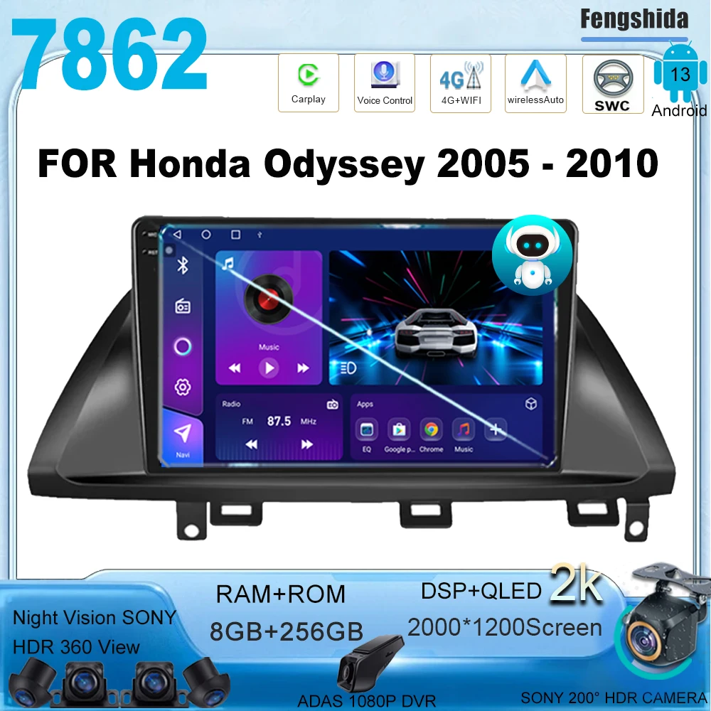 

Auto Radio FOR Honda Odyssey 2005 - 2010 Android 13 Stereo Head Unit Multimedia Car Player GPS Navigation DVD NO 2DIN Carplay